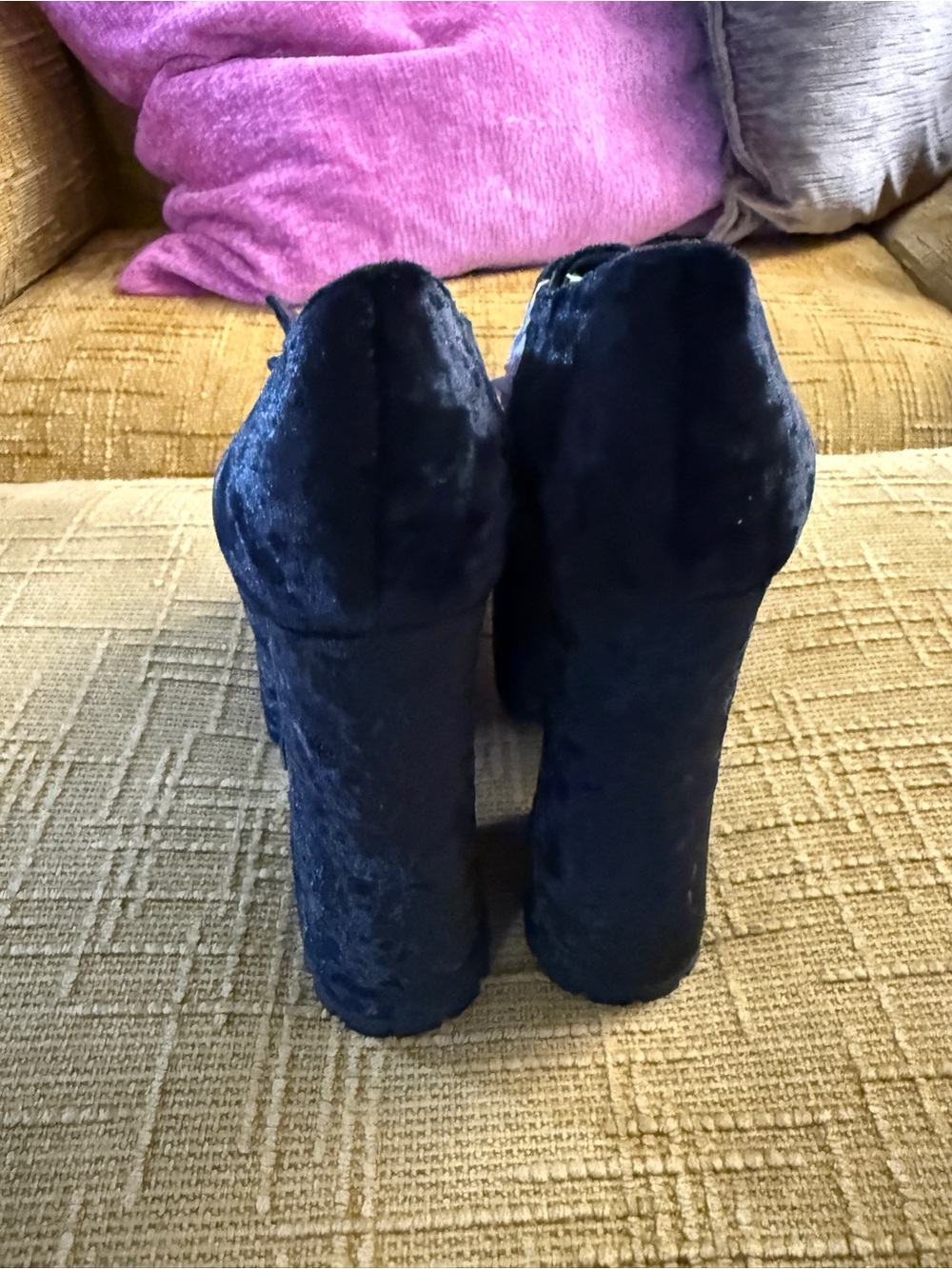 Dolls Kill Navy Blue Crushed Velvet Platform Lace-Up Heels - Picture 6 of 6
